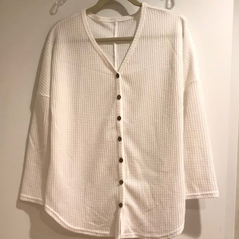 White waffled oversized henley.